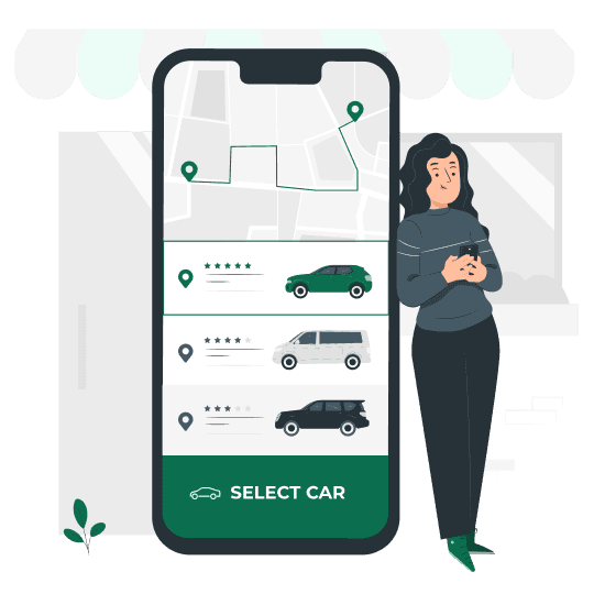 Illustration of someone choosing a ride option on a phone