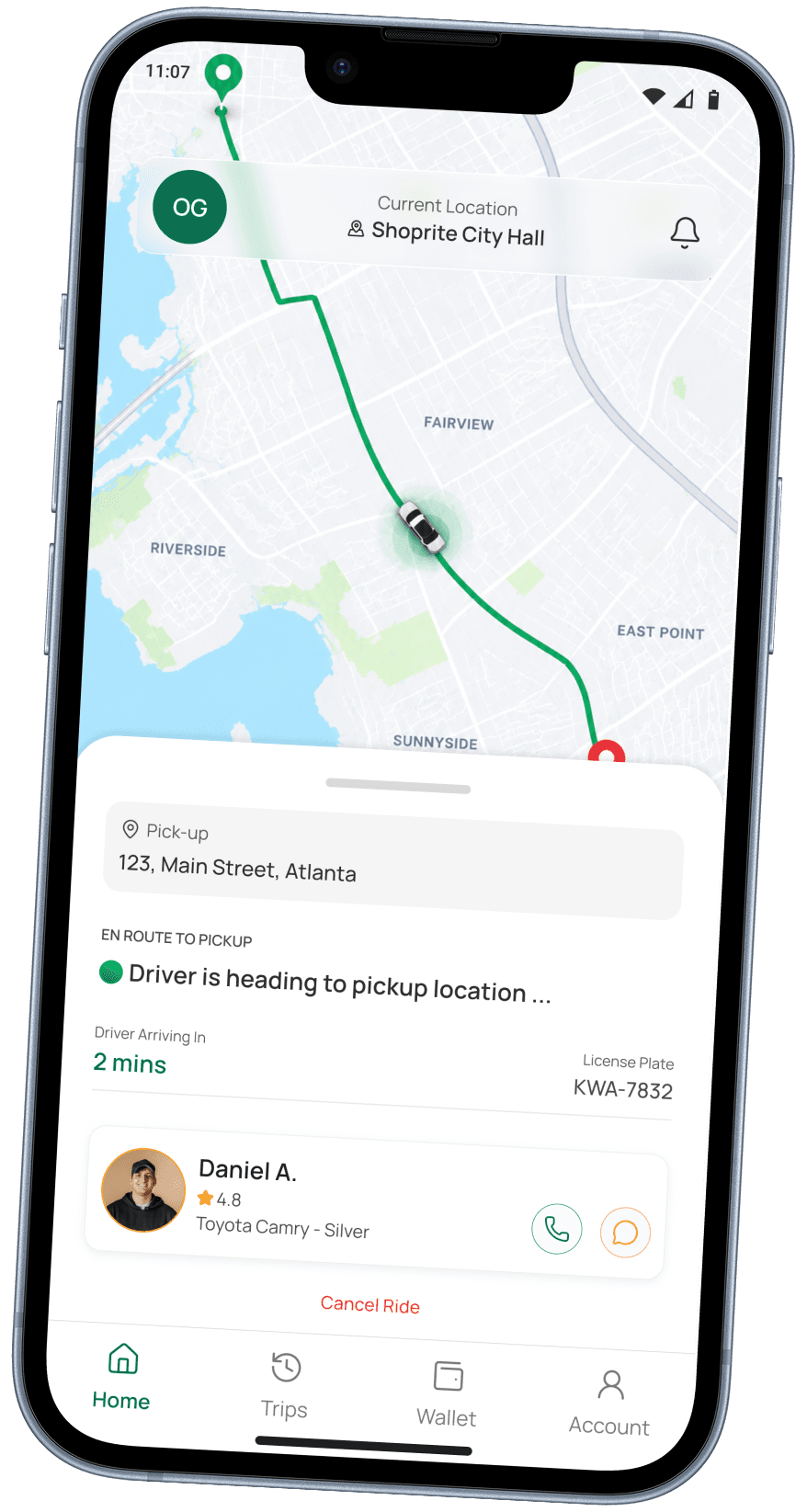Mbeku app on a phone showing a live trip with rating, arrival time, and payment options