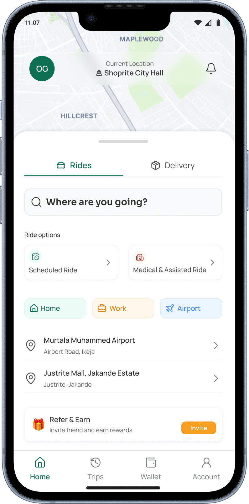 Mbeku app home screen with ride and delivery booking