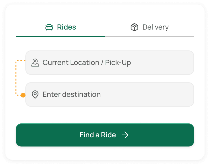 Ride booking card with pickup and destination fields