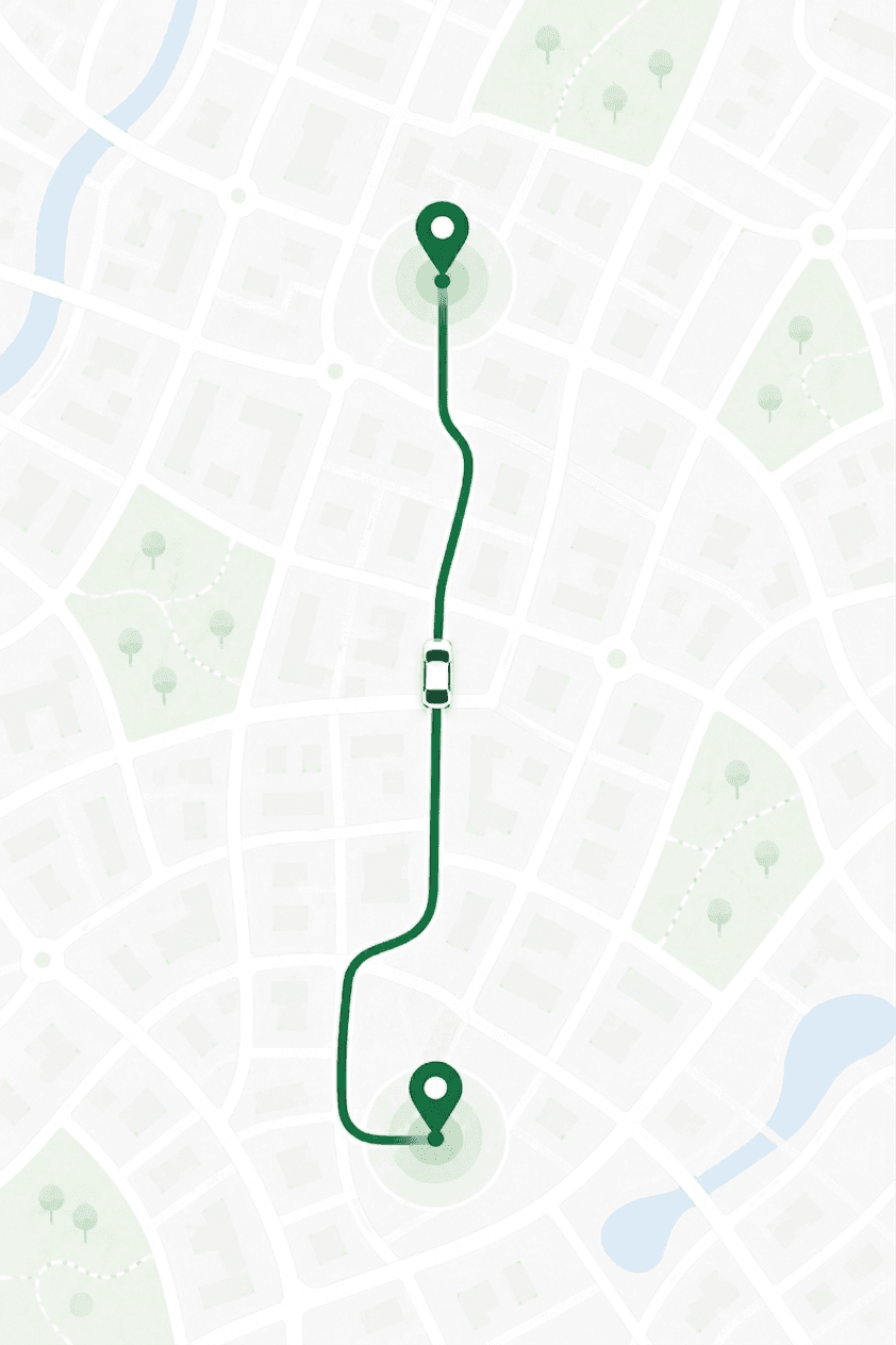Live map showing a trip from pickup to destination