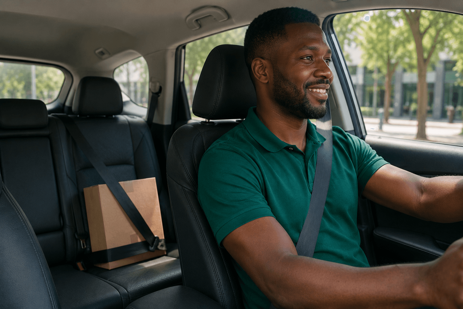Driver delivering a package secured on the back seat